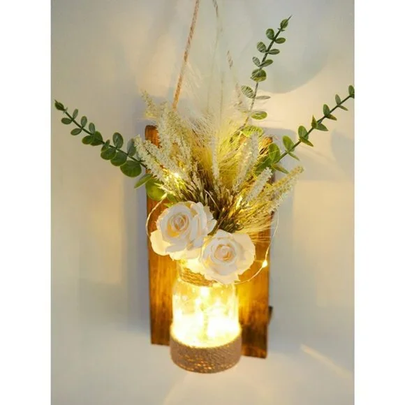New 2Pack Mason Jar Sconce Wall Decor Rustic LED Fairy Lights Spring Flowers